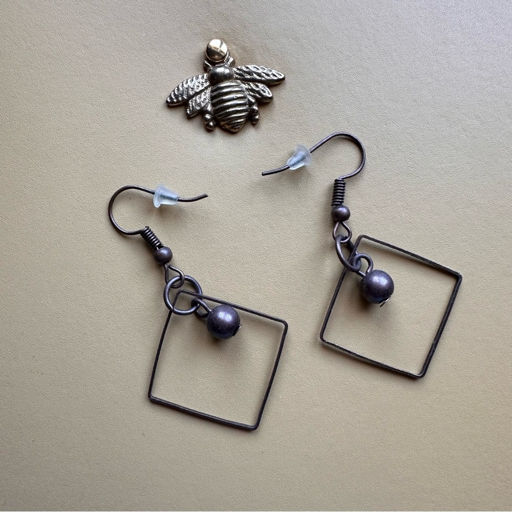 Chic Anodized Bronze Color Square Earrings with Ball Accent Geometric NWOT